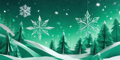The primary subject of the image is a snowy landscape featuring a group of snowflakes and pine trees. The setting is a green background, which adds a sense of depth and contrast to the scene. The visual style is a combination of digital art and illustration, creating a realistic and visually appealing representation of the snowy environment. The colors and mood of the image are predominantly white and cold, evoking a sense of tranquility and serenity.